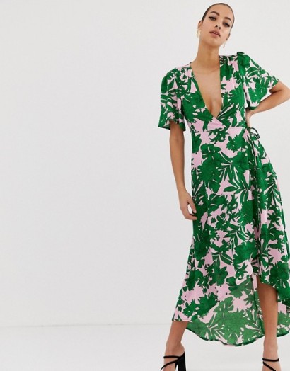 Missguided plunge wrap front midi dress in pink with green tropical palm print