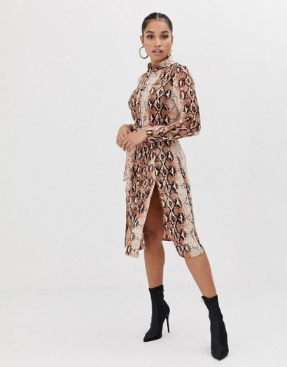 Missguided Petite shirt dress with side splits in brown snake - flipped