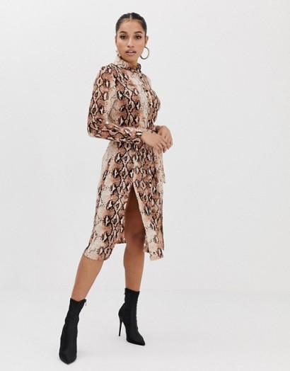 Missguided Petite shirt dress with side splits in brown snake