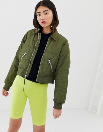 Monki short bomber jacket with oversized pockets in khaki | green bombers - flipped