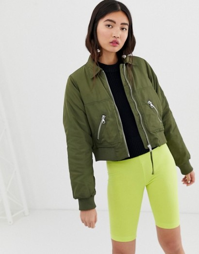 Monki short bomber jacket with oversized pockets in khaki | green bombers