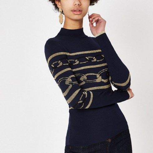 River Island Navy metallic chain stitched high neck top | blue pattered knitwear - flipped