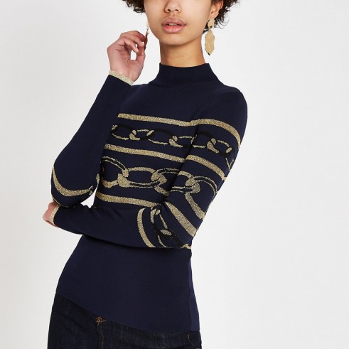 River Island Navy metallic chain stitched high neck top | blue pattered knitwear