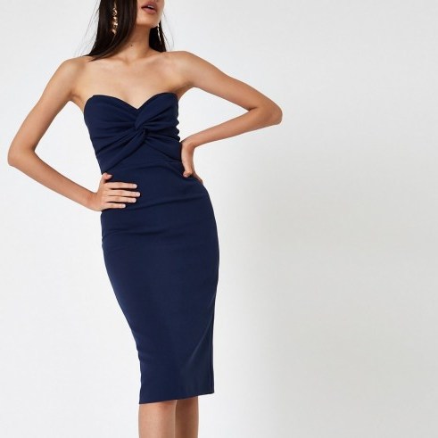 River Island Navy twist front bandeau maxi bodycon dress | blue strapless party frock - flipped
