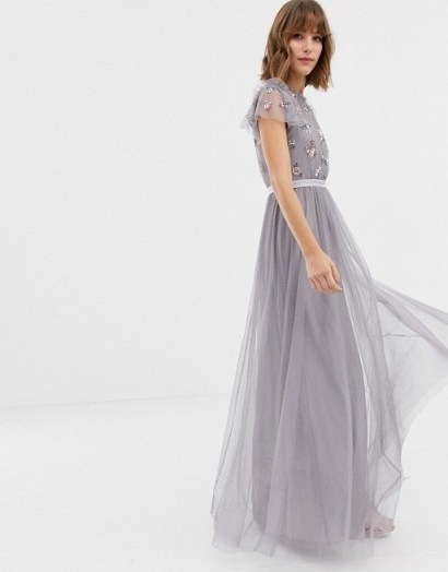 Needle & Thread embellished bodice tulle maxi gown in lavender | long floaty party dresses - flipped