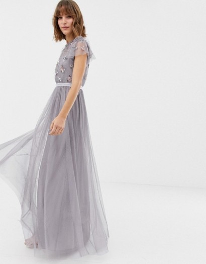 Needle & Thread embellished bodice tulle maxi gown in lavender | long floaty party dresses