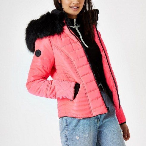 RIVER ISLAND Neon pink faux fur hood padded coat – bright winter jackets - flipped