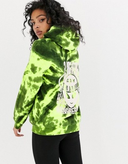 New Girl Order boyfriend hoodie with alien graphic in tie dye in lime-green / printed hoodies - flipped