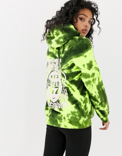 New Girl Order boyfriend hoodie with alien graphic in tie dye in lime-green / printed hoodies