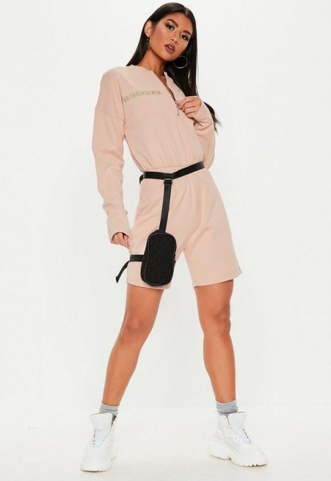 MISSGUIDED nude new generation zip front playsuit ~ sporty pale-pink playsuits - flipped