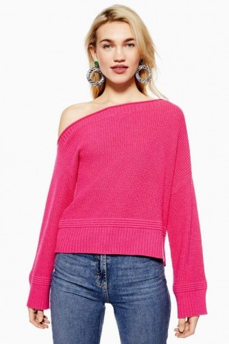 Topshop Off Shoulder Cropped Jumper with Cashmere in Bright Pink | luxe style knitwear - flipped
