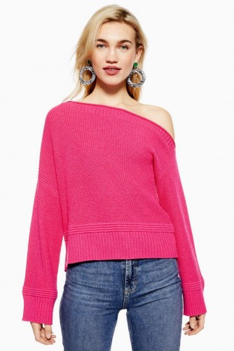 Topshop Off Shoulder Cropped Jumper with Cashmere in Bright Pink | luxe style knitwear