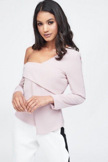LAVISH ALICE off the shoulder layered top in nude – asymmetric evening tops - flipped