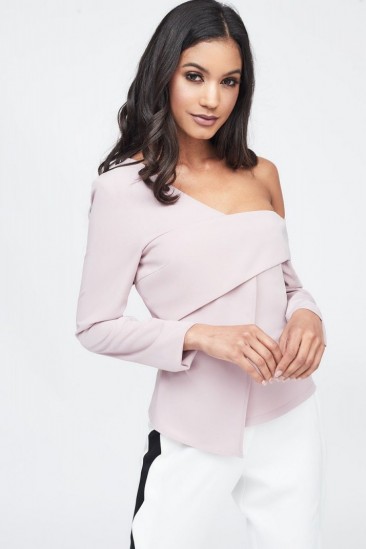 LAVISH ALICE off the shoulder layered top in nude – asymmetric evening tops