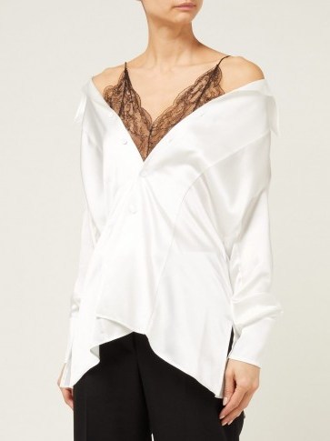 MAISON MARGIELA Off-the-shoulder white silk and black lace blouse ~ contemporary clothing - flipped
