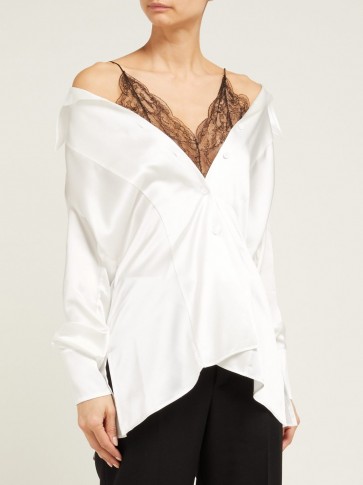 MAISON MARGIELA Off-the-shoulder white silk and black lace blouse ~ contemporary clothing