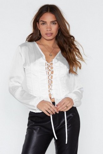 NASTY GAL Old Fashioned Romantic Satin Corset Top in white ~ front lace-up blouse - flipped
