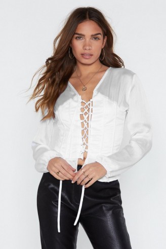 NASTY GAL Old Fashioned Romantic Satin Corset Top in white ~ front lace-up blouse