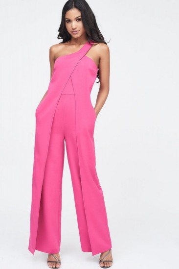 LAVISH ALICE one shoulder wrap over wide leg jumpsuit in pink – going out jumpsuits