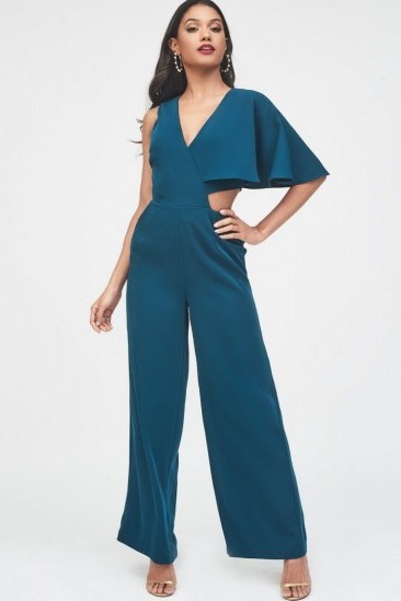 LAVISH ALICE one sleeve cutout wide leg jumpsuit in forest green ~ cut-out party fashion - flipped