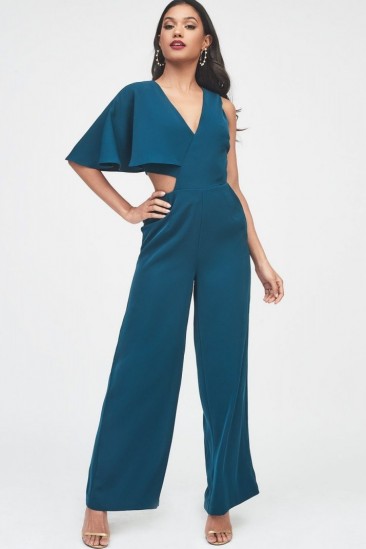 LAVISH ALICE one sleeve cutout wide leg jumpsuit in forest green ~ cut-out party fashion