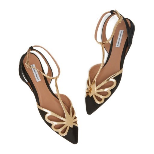 Tabitha Simmons OPAL FLATS in Black / Gold | strappy pointed flat shoes - flipped