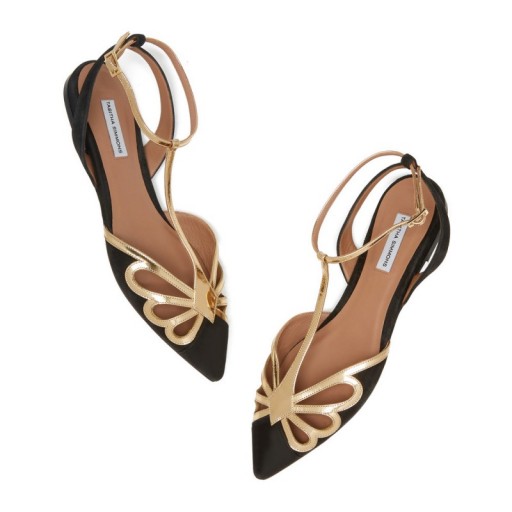 Tabitha Simmons OPAL FLATS in Black / Gold | strappy pointed flat shoes