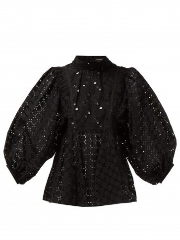 ROCHAS Oriana tie-neck black sangallo-lace blouse ~ balloon sleeve blouses - flipped