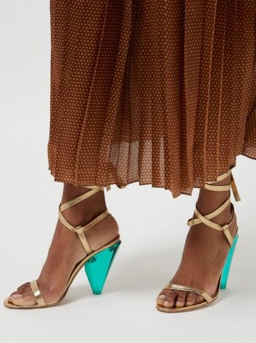 GIANVITO ROSSI Palace 105 cone-heel metallic-leather sandals in gold ~ luxe strappy heels - flipped