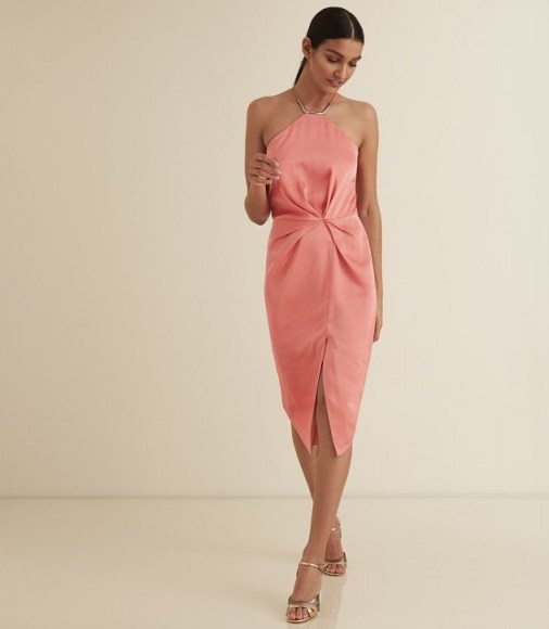 REISS PAOLA HALTER NECK COCKTAIL DRESS CORAL ~ party elegance - flipped