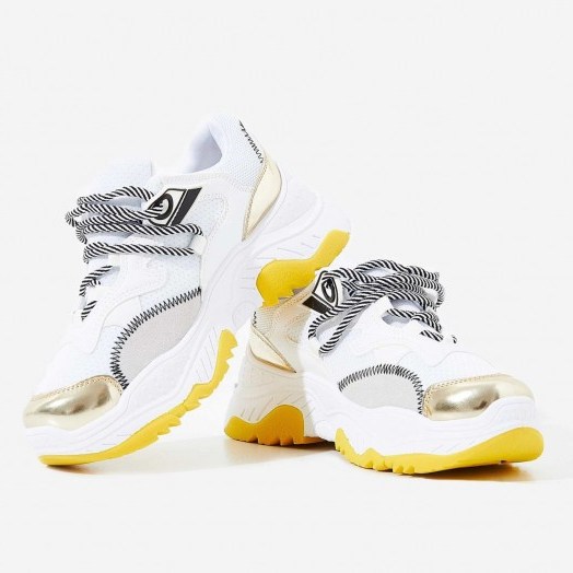 EGO Paxton Chunky Sole Mesh Trainers In White | metallic toe sneakers - flipped
