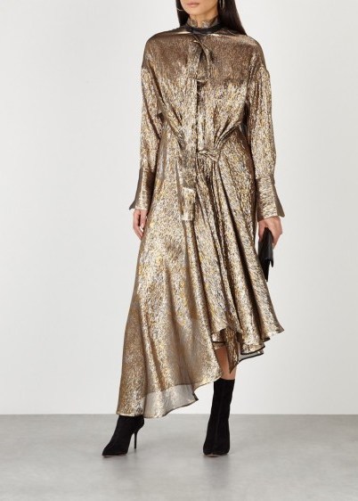 PETAR PETROV Dellar silk-blend lamé shirt dress ~ asymmetric gold and silver-blend metallic dresses - flipped