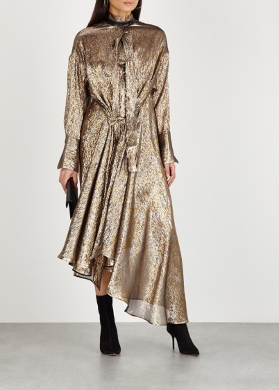PETAR PETROV Dellar silk-blend lamé shirt dress ~ asymmetric gold and silver-blend metallic dresses