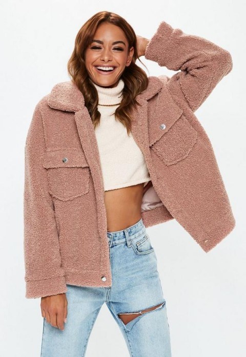 MISSGUIDED petite rose oversized borg trucker teddy jacket ~ casual style - flipped