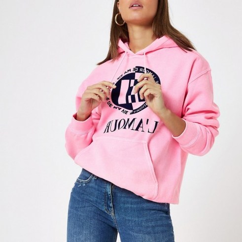 RIVER ISLAND Pink fluorescent ‘L’amour’ print hoodie ~ slogan hoodies - flipped