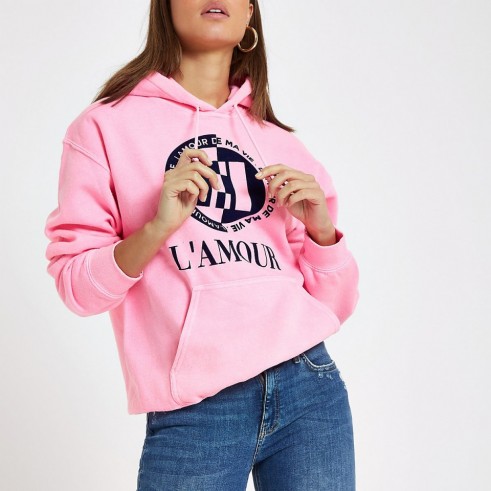 RIVER ISLAND Pink fluorescent ‘L’amour’ print hoodie ~ slogan hoodies