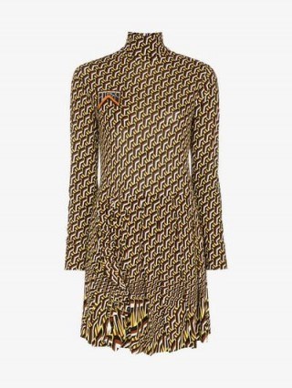 Prada Graphic Print Turtleneck Pleated Skirt Dress ~ long sleeve high neck fit and flare - flipped