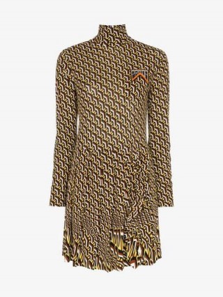 Prada Graphic Print Turtleneck Pleated Skirt Dress ~ long sleeve high neck fit and flare
