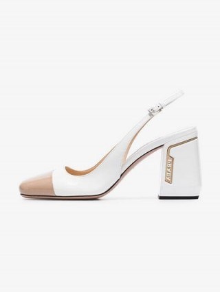 Prada White And Beige Two Tone 85 Patent Leather Slingback Pumps | chunky retro shoes - flipped