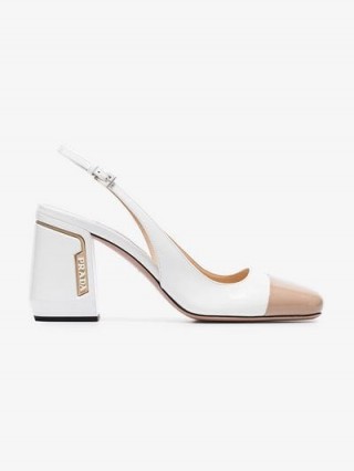 Prada White And Beige Two Tone 85 Patent Leather Slingback Pumps | chunky retro shoes