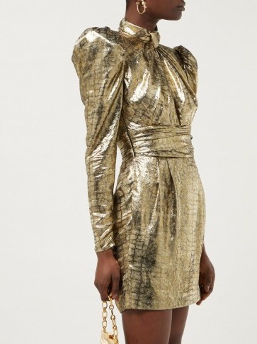 DUNDAS Puffed-sleeve silk-blend lamé mini dress ~ metallic-gold event wear ~ 80s style glamour - flipped