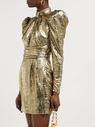 DUNDAS Puffed-sleeve silk-blend lamé mini dress ~ metallic-gold event wear ~ 80s style glamour