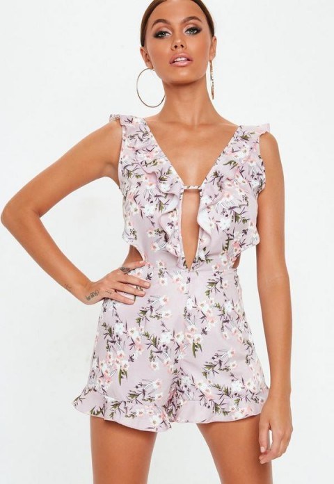 MISSGUIDED purple frill strap floral playsuit ~ keyhole front playsuits - flipped