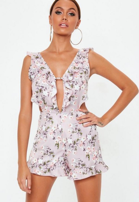 MISSGUIDED purple frill strap floral playsuit ~ keyhole front playsuits