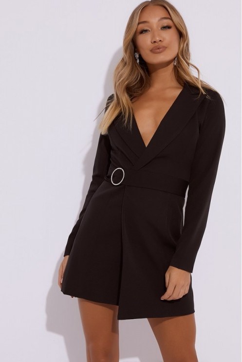 IN THE STYLE REGINA BLACK DIAMANTE BELTED BLAZER DRESS – LBD – GOING OUT JACKET DRESSES - flipped