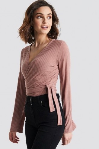 NA-KD Ribbed Wrap Tie Top Pink - flipped