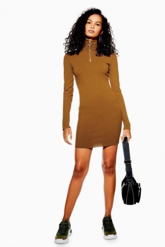 Topshop Ribbed Zip Jersey Dress in Brown | casual winter style dresses - flipped
