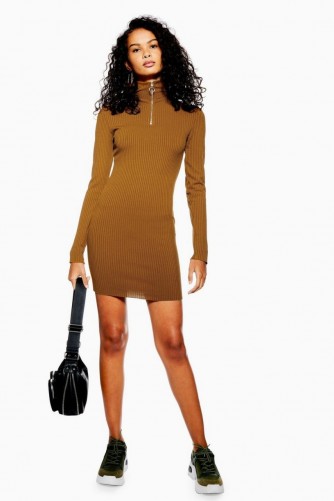 Topshop Ribbed Zip Jersey Dress in Brown | casual winter style dresses