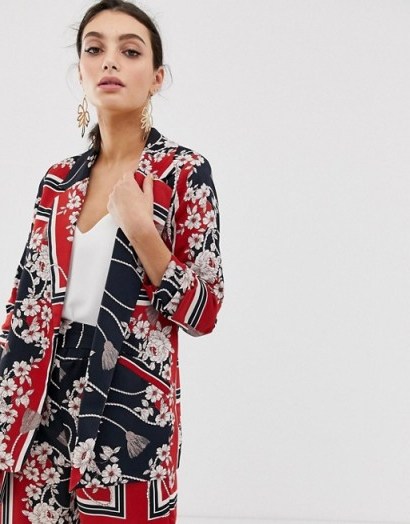 River Island blazer with belt in floral print in red. FLOWER PRINTS AND STRIPES - flipped