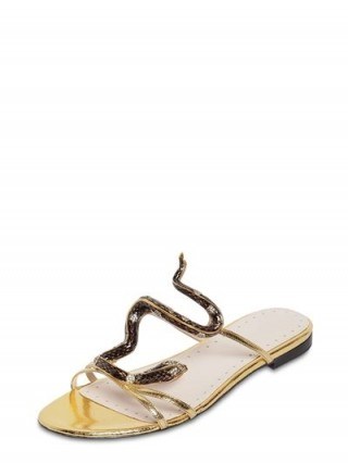 ROBERTO CAVALLI SNAKE GOLD LEATHER SANDALS W/ CRYSTALS – glamorous summer flats - flipped